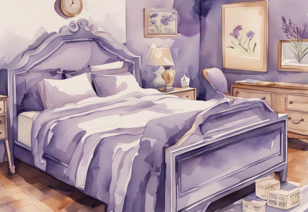 Vintage Aquarellillustration mit Lavendelfarben, stilisiertes Bett im Vordergrund mit Preisschildern, die verschiedene Bettentypen und -kosten darstellen, wie viel kostet ein Bett.