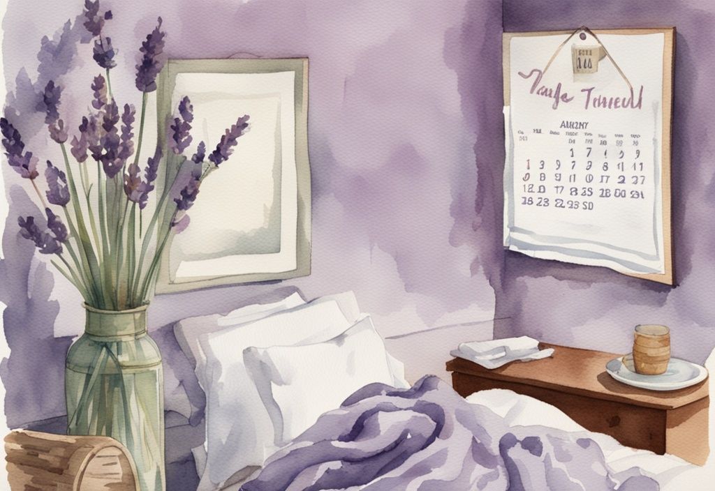 Vintage Aquarell-Illustration mit Lavendel-Thema, Kalender an der Wand, frisch gemachtes Bett mit weißen Bettlaken, Wäschekorb mit benutzten Laken
