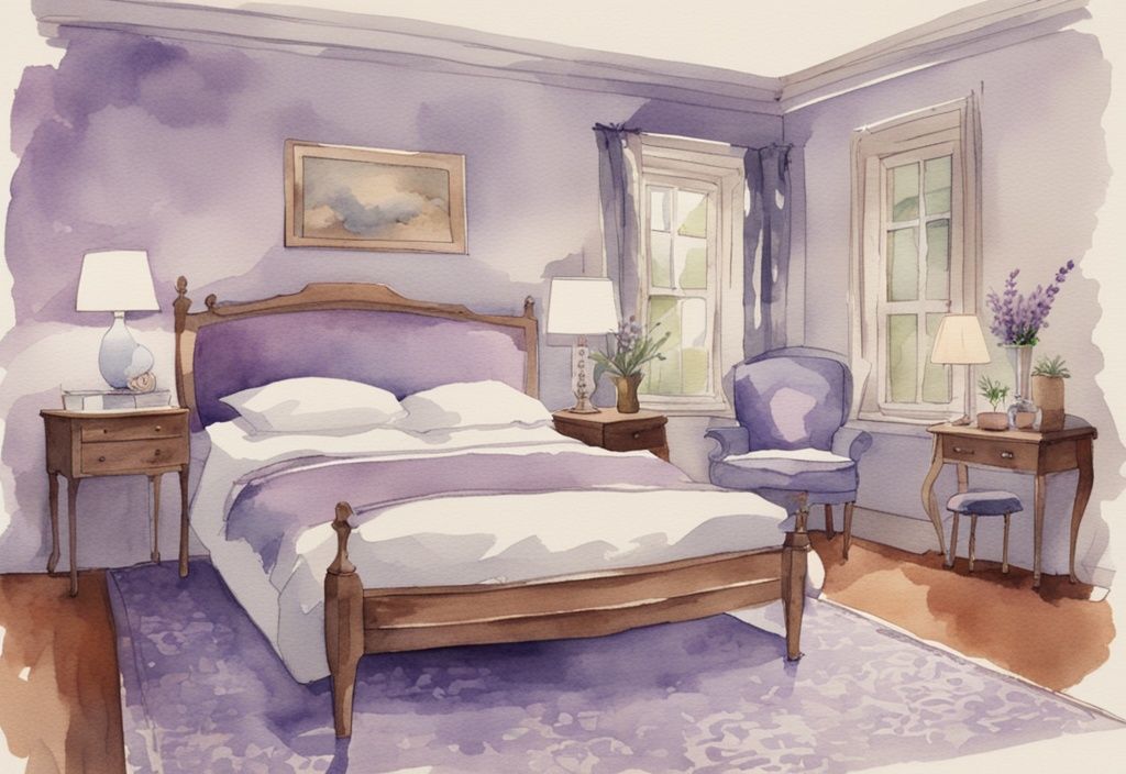 Vintage Aquarell-Illustration eines Schlafzimmers mit einem großen Bett und einem perfekt proportionierten Teppich unterm Bett welche Größe in Lavendelfarben.