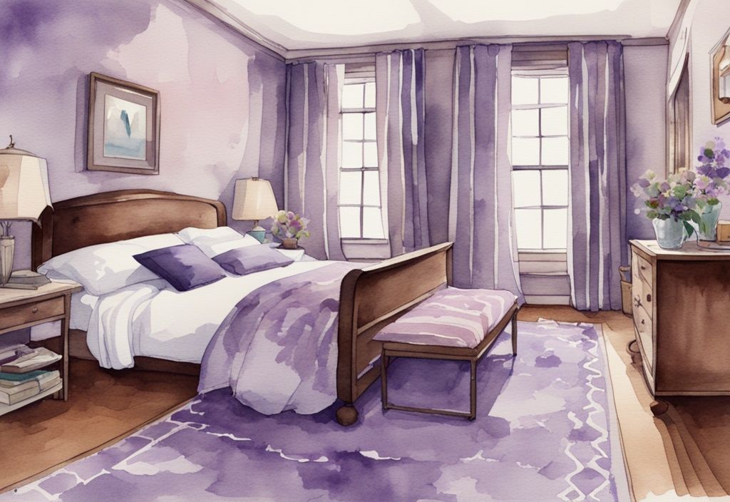 Vintage Aquarell-Illustration eines Schlafzimmers mit Lavendelfarben, zeigt Teppiche unterschiedlicher Größen unter dem Bett und hebt die richtige und falsche Teppichgröße hervor.