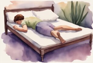 Vintage Aquarell-Illustration einer Person, die bequem auf einer Matratze liegt, mit Fokus auf die Wirbelsäulenausrichtung zur Linderung von Rückenschmerzen, welche Matratze bei Rückenschmerzen