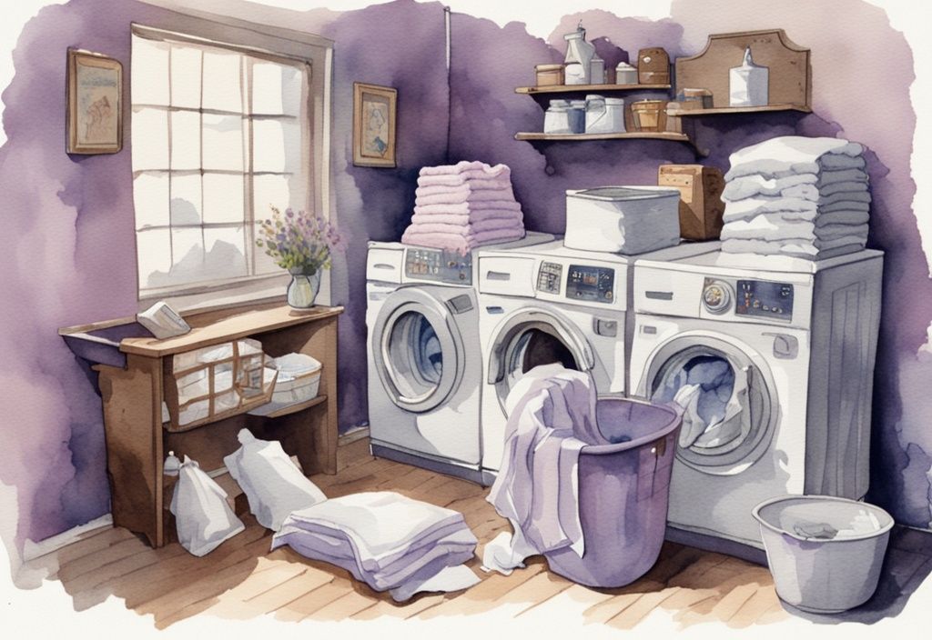 Vintage Aquarellillustration einer Person, die Bettwäsche sortiert und in eine Waschmaschine legt, mit einem sichtbaren Waschmittelkasten daneben - wie wäscht man Bettwäsche.