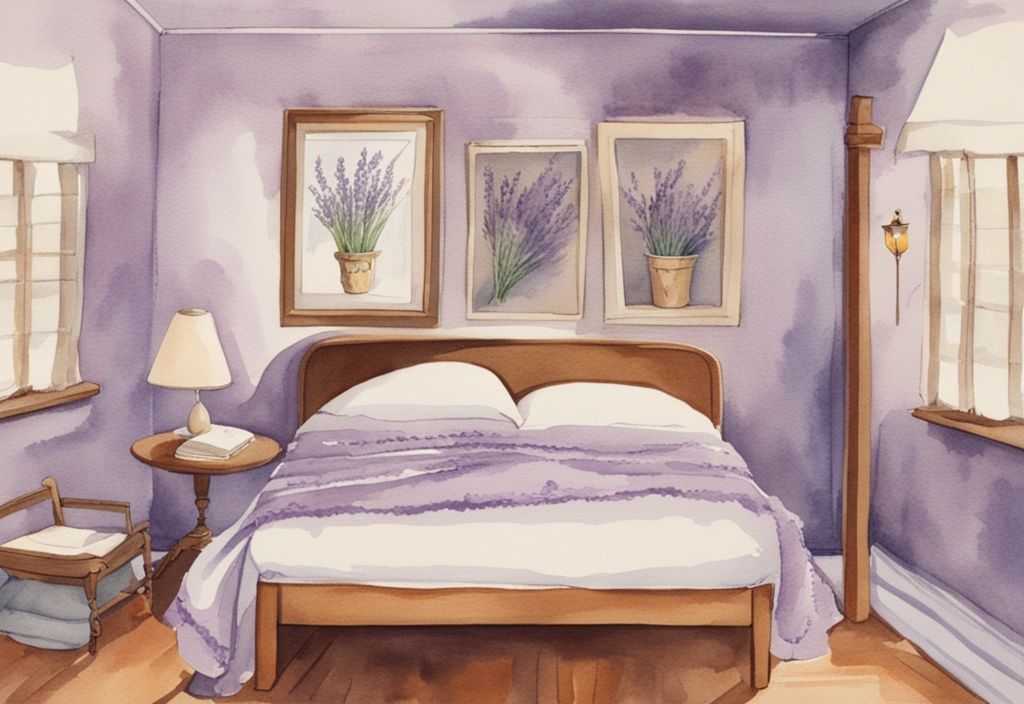 Vintage Aquarell-Illustration in Lavendel, Kalender an der Wand markiert für Bettwäschewechsel, Bett im Vordergrund mit frischen, sauberen Laken.