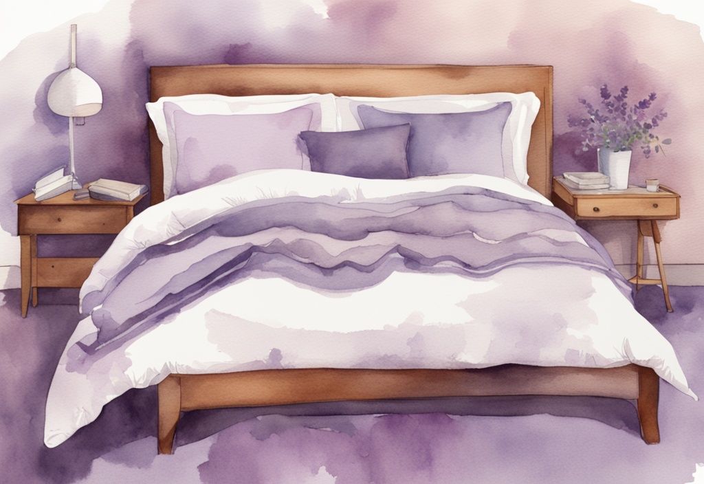 Vintage Aquarell-Illustration eines 140x200 Bettes mit lavendelfarbener Bettwäsche und Maßband zur Größenangabe.