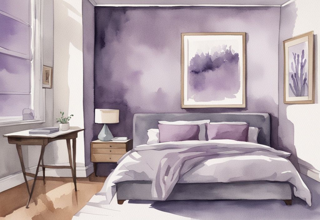 Vintage Aquarell-Illustration eines modernen Schlafzimmers mit grauem Bett und kontrastierendem Lavendel-Wandanstrich