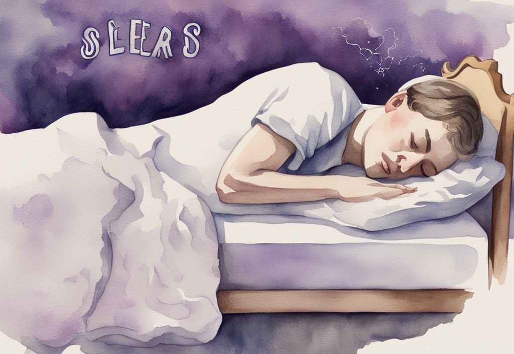 Vintage Aquarell-Illustration einer Person, die am Rand eines Bettes friedlich schläft, mit Lavendel-Farbthema und transparenter Überlagerung des Gehirns mit hervorgehobenem Begriff "Schlafparalyse".