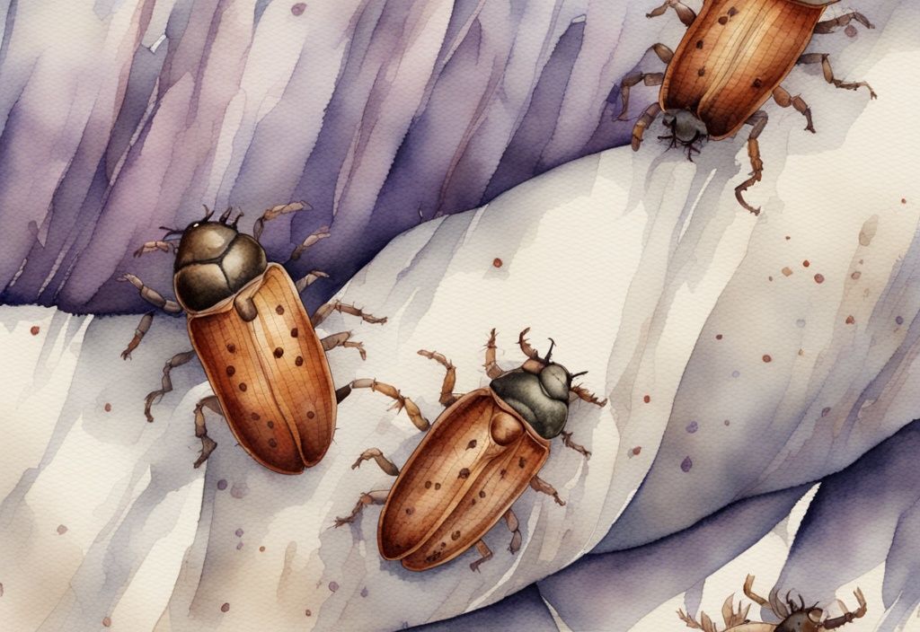 Vintage Aquarell-Illustration in Lavendeltönen, Nahaufnahme von Teppichkäfer-Larven im Bett auf einem Betttuch.