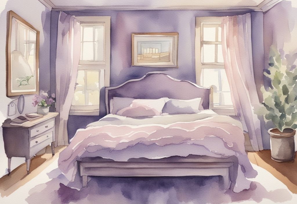Vintage Aquarell-Illustration eines gemütlichen Schlafzimmers mit gut beleuchtetem, großen Bett und seersucker Bettwäsche in sanften Pastellfarben, Hauptfarbthema Lavendel.