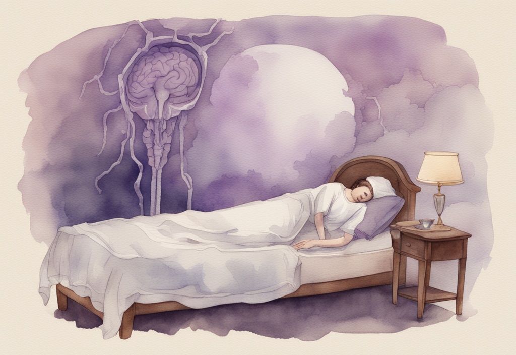 Vintage-Aquarell-Illustration einer Person, die friedlich am Rand eines Bettes schläft, mit Lavendel als Hauptfarbe und transparenter Überlagerung des Gehirns mit hervorgehobener Phrase "Schlafparalyse