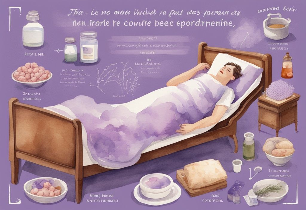 Vintage-Aquarell-Illustration einer Person im Bett mit Krankheitssymptomen, lavendelfarbenes Thema, Infografik zeigt verbrannte Kalorien