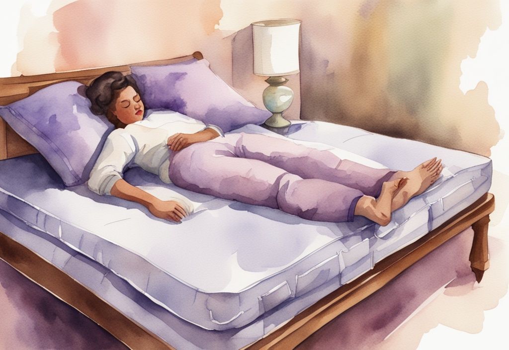 Vintage Aquarell-Illustration einer Person, die bequem auf einer Matratze schläft, mit Fokus auf Hüftbereich zur Unterstützung und Linderung von Hüftschmerzen, welche Matratze bei Hüftschmerzen.