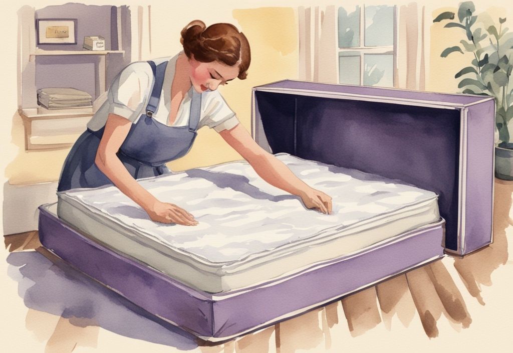 Vintage-Aquarell-Illustration: Schritt-für-Schritt-Demonstration einer Person, die eine Emma-Matratze ordentlich in die Originalverpackung für die Rücksendung packt; Hauptfarbthema Lavendel.