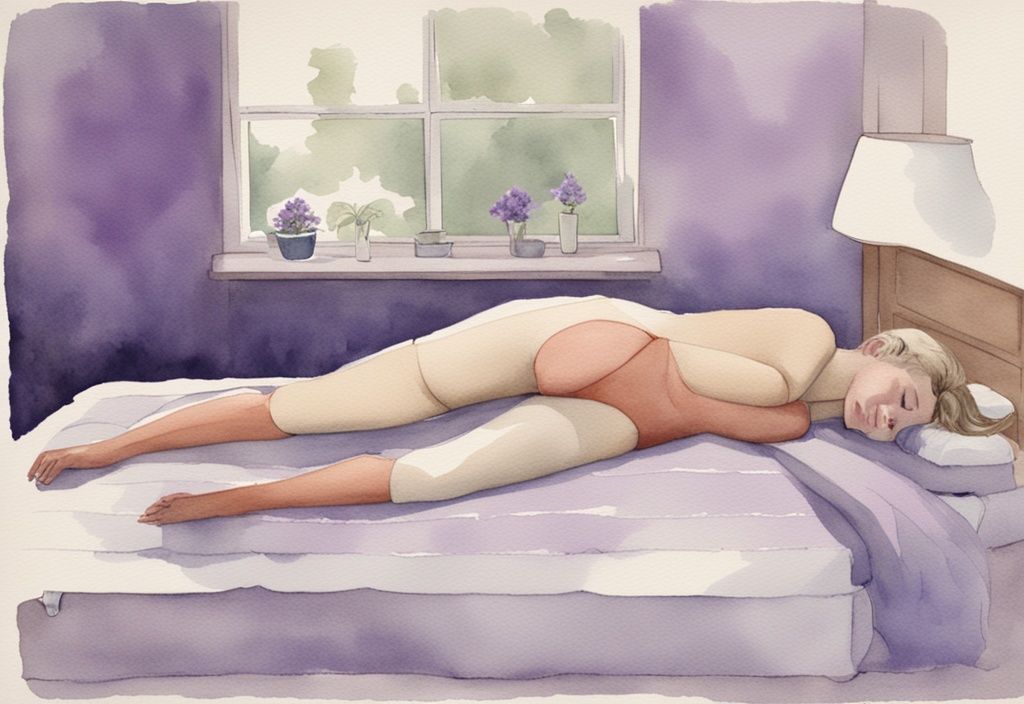 Vintage-Aquarell-Illustration einer Person auf einer Matratze, mit Schwerpunkt auf Lendenwirbelstütze und Lavendel-Farbthema