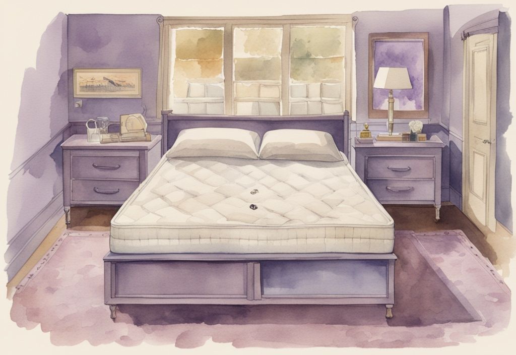 Vintage Aquarell-Illustration eines Bettaufbaus mit verschiedenen Matratzenhöhen in Lavendelfarben, beschriftet mit niedrig, ideal und hoch.