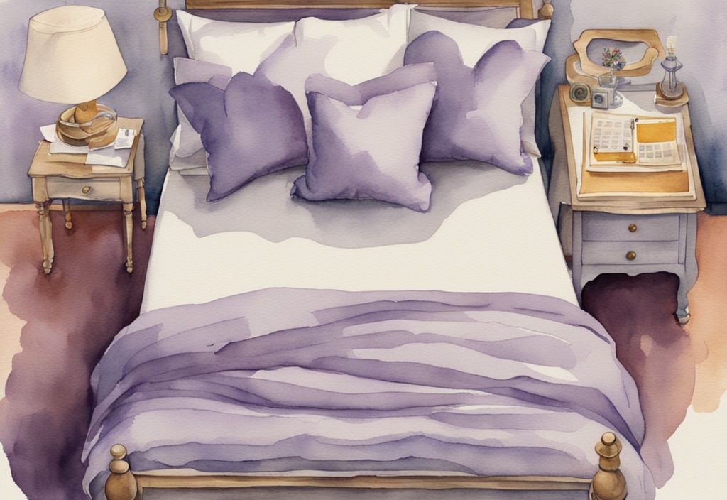 Vintage-Aquarell-Illustration eines Kingsize-Betts aus der Vogelperspektive mit Maßband zur Anzeige der Abmessungen, wie groß ist ein Kingsize Bett