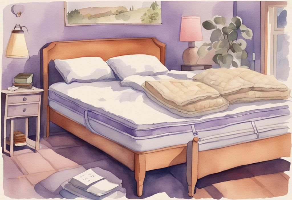 Vintage Aquarell-Illustration eines Bauchschläfers auf einer Matratze mit verschiedenen Matratzen im Hintergrund, die Vor- und Nachteile für Bauchschläfer aufzeigen, Hauptfarbthema Lavendel.
