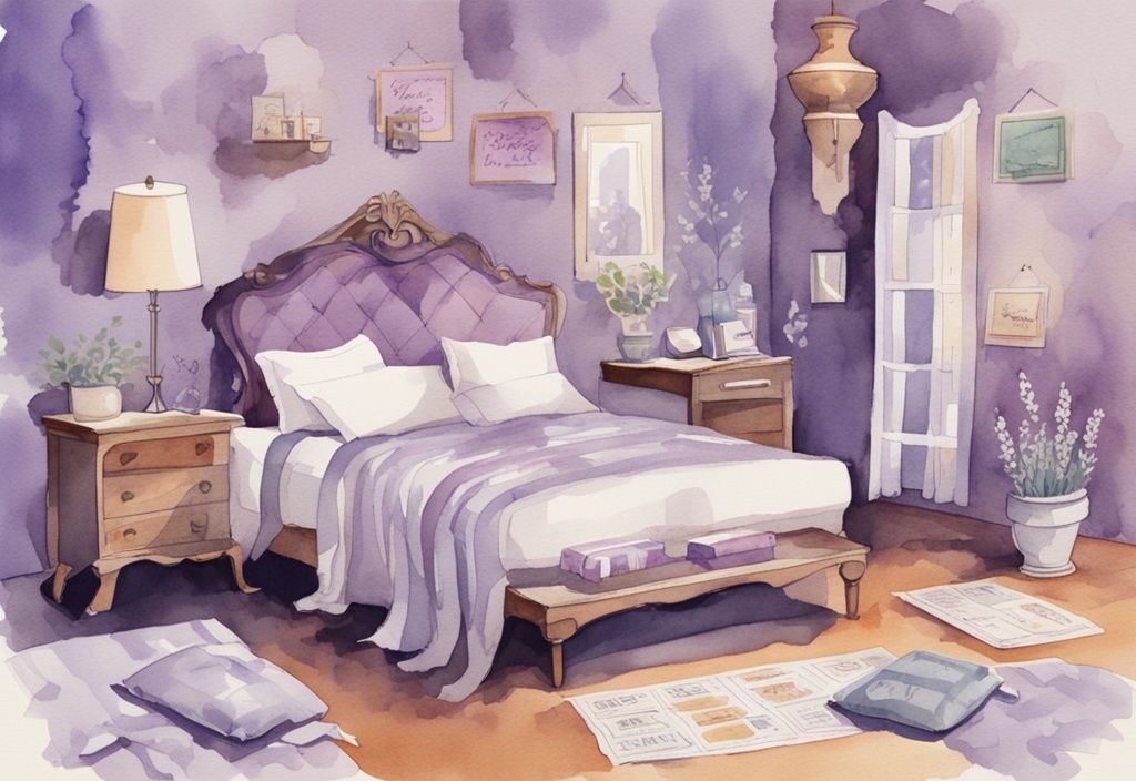 Vintage Aquarell-Illustration eines stilisierten Bettes mit schwebenden Preisschildern, die verschiedene Bettentypen und Kosten darstellen, Hauptfarbe Lavendel, wie viel kostet ein Bett.