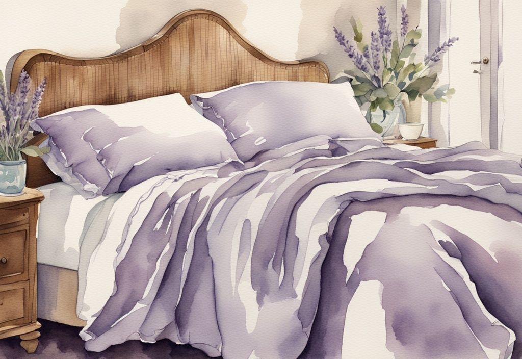 Vintage Aquarell-Illustration eines ordentlich gemachten Bettes mit Perkal-Bettwäsche in Lavendel, Nahaufnahme der Gewebestruktur zur Betonung der Frische und Haltbarkeit.