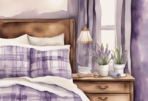Vintage Aquarellillustration eines gemütlichen Schlafzimmers mit flauschiger Flanell-Bettwäsche in Lavendeltönen, die Textur und Wärme des Flanellstoffs hervorhebend - was ist Flanell Bettwäsche.