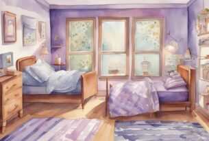 Vintage-Aquarell-Illustration in Lavendel-Thema, die farbenfrohe Kindermatratzen mit verschiedenen Mustern in einem hellen, kinderfreundlichen Schlafzimmer zeigt, welche Matratze für Kinder