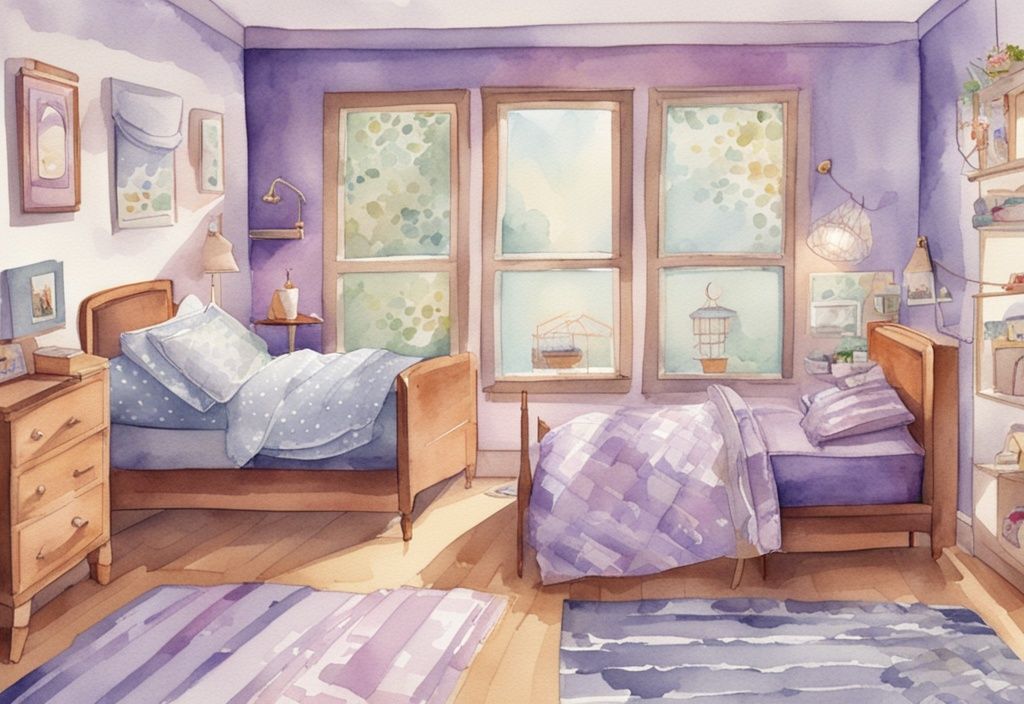 Vintage-Aquarell-Illustration in Lavendel-Thema, die farbenfrohe Kindermatratzen mit verschiedenen Mustern in einem hellen, kinderfreundlichen Schlafzimmer zeigt, welche Matratze für Kinder