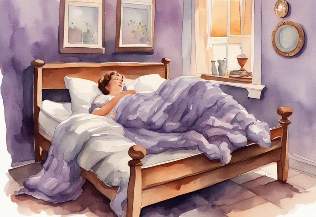 Vintage Aquarell-Illustration, Person liegt gemütlich im Bett mit warmen, flauschigen Socken, kleiner Heizlüfter am Fußende, Hauptfarbthema Lavendel.