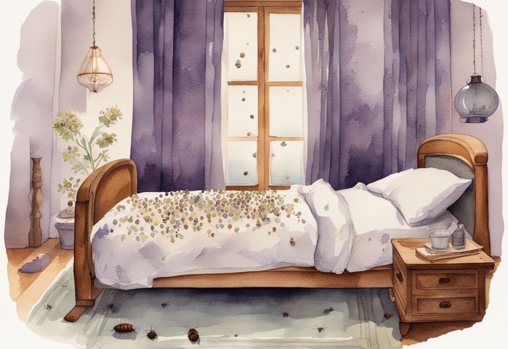 Vintage Aquarell-Illustration eines Bettes mit Teppichkäferlarven auf Laken und Kissen, Hauptfarbe Lavendel