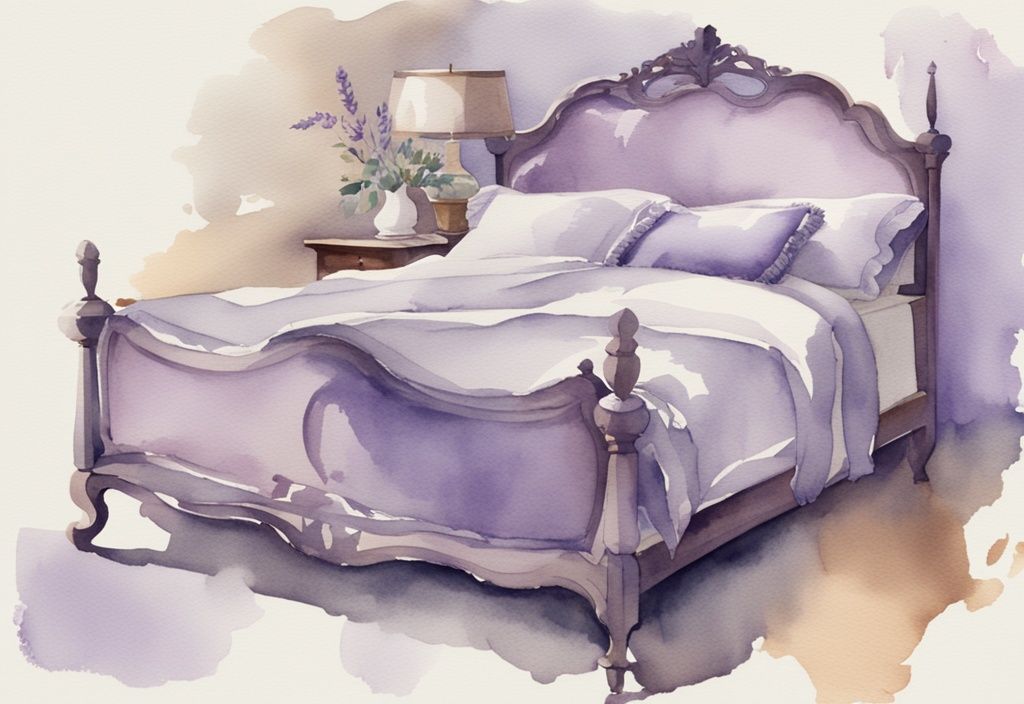 Vintage Aquarell-Illustration eines Bettes mit perfekt passender Bettdecke in Lavendel-Farbtönen