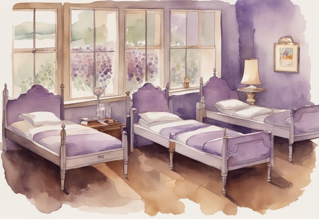 Vintage-Aquarell-Illustration zeigt die Entwicklung von Montessori-Betten von den Anfängen bis heute, Hauptfarbe Lavendel, ab wann Montessori Bett